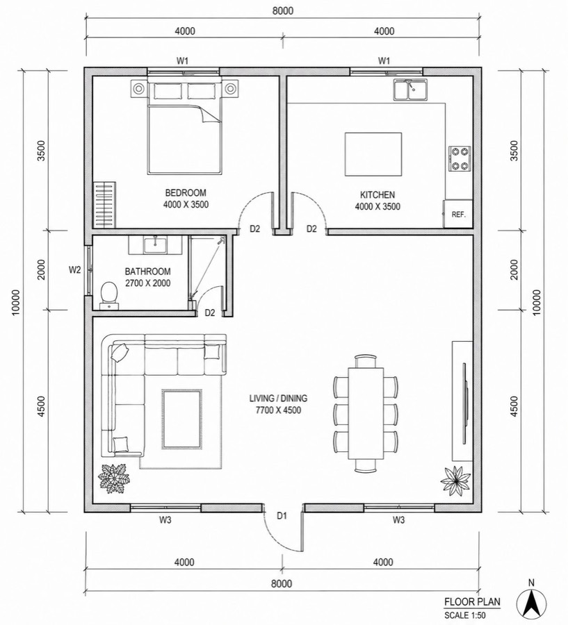 2D floor plan of a one-bedroom apartment with bedroom, kitchen, bathroom and open living-dining room