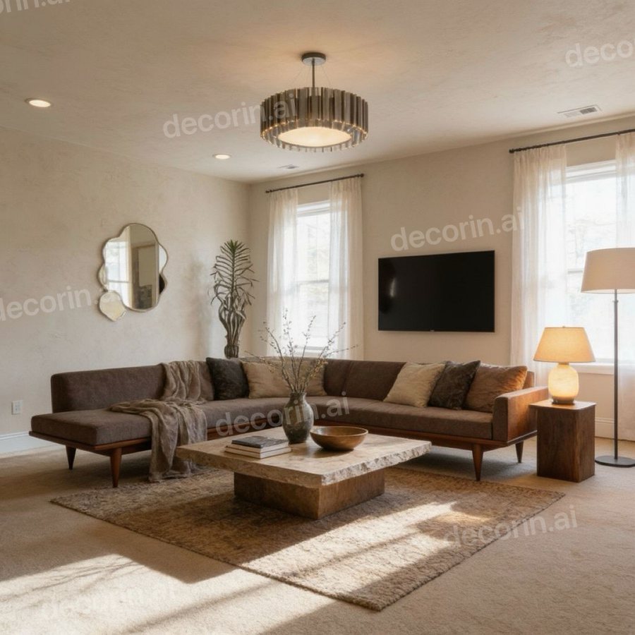 The same living room with a wall-mounted television where the painting was - sofa, rug, lamps, mirror and curtains unchanged