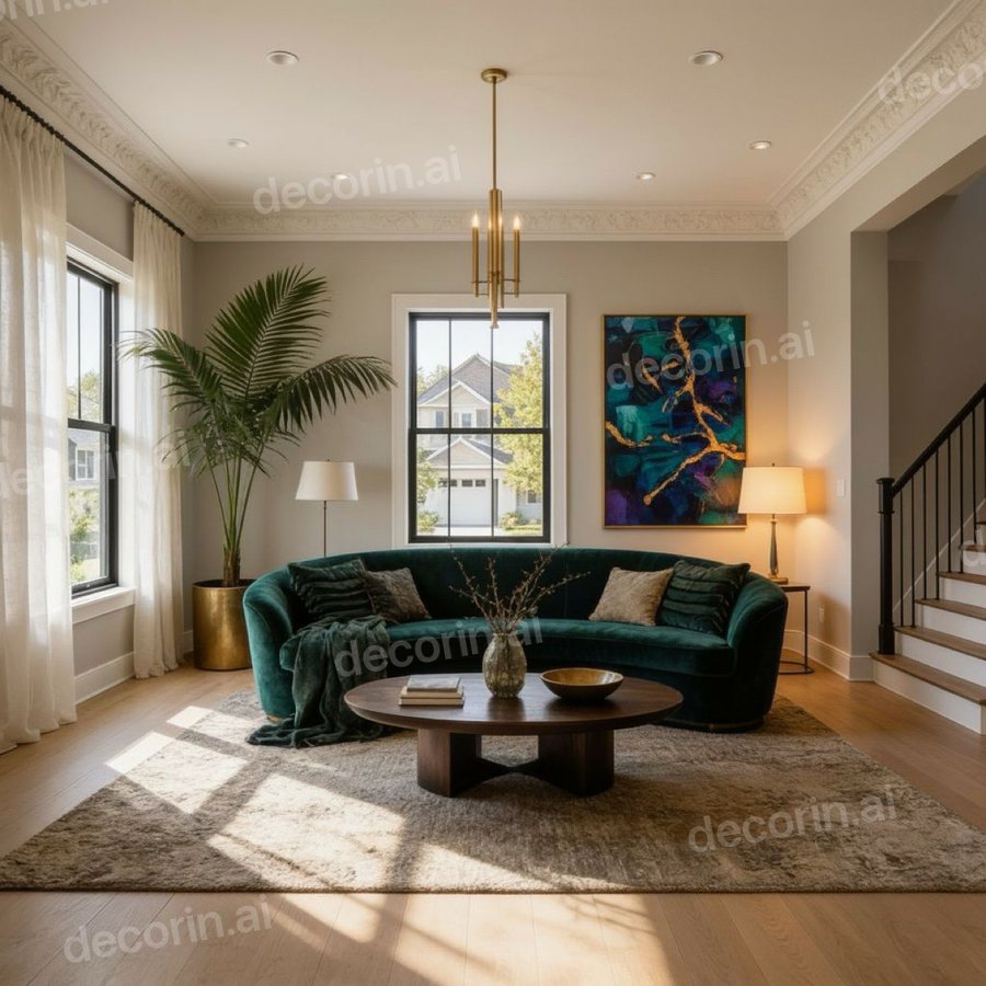 The same living room with the canvas replaced by a vivid teal and gold abstract - sofa, rug, palm, lamps and light unchanged