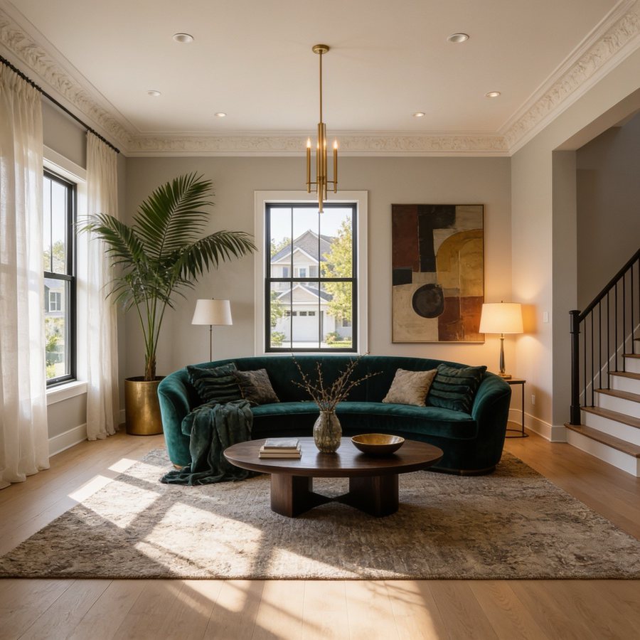 Living room with a green velvet sofa and a muted ochre abstract canvas on the wall