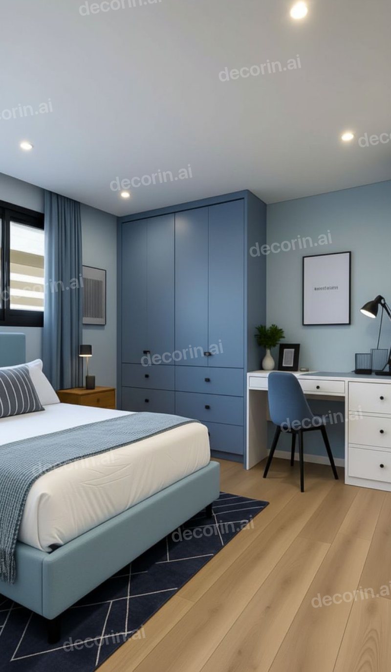 The same bedroom with the wardrobes, walls, bedding, chair and rug recoloured blue - furniture, layout, window and floor identical