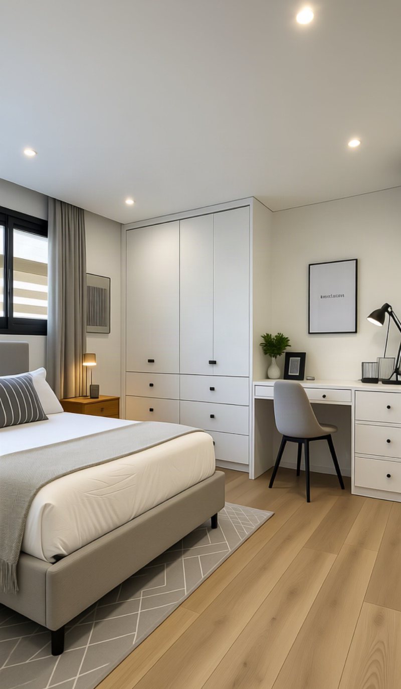 Bedroom with white fitted wardrobes, a grey bed, a white desk and a pale rug