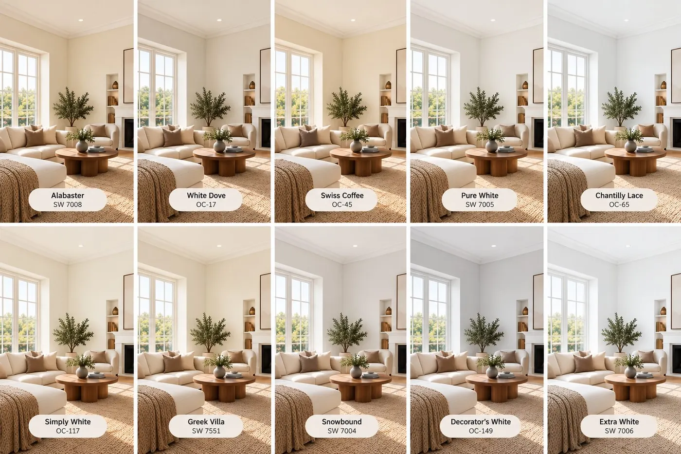 Un même salon présenté dans dix peintures blanches : Alabaster, White Dove, Swiss Coffee, Pure White, Chantilly Lace, Simply White, Greek Villa, Snowbound, Decorator's White et Extra White