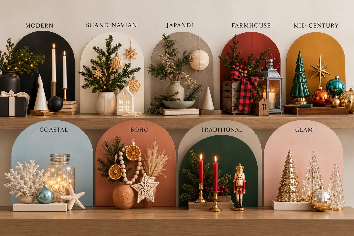 Neuf compositions de Noël intitulées Moderne, Scandinave, Japandi, Maison de campagne, Mid-century, Bord de mer, Bohème, Traditionnel et Glamour, chacune dans sa propre palette au sein d'une niche en arche