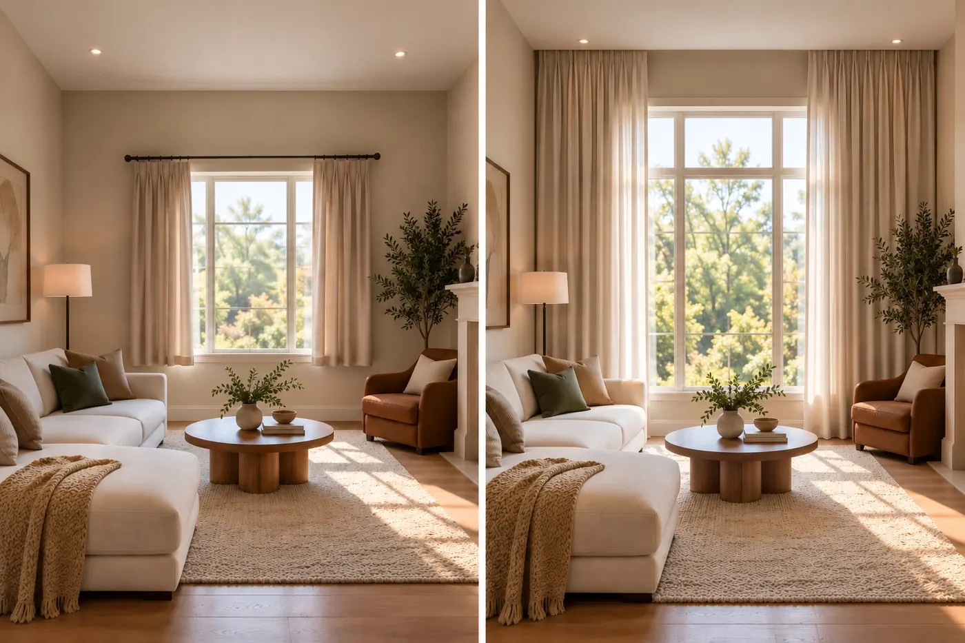 Le même salon deux fois : à gauche, des rideaux courts sur une tringle juste au-dessus de l'encadrement ; à droite, des rideaux jusqu'au sol accrochés près du plafond et plus larges que la fenêtre, qui la font paraître bien plus grande