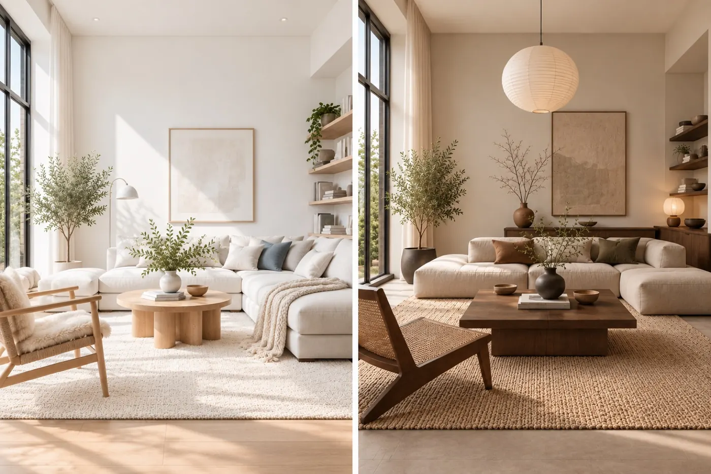 Deux salons côte à côte : un salon scandinave lumineux en blanc et bois clair à gauche, un salon Japandi en tons terreux chauds et bois foncé à droite