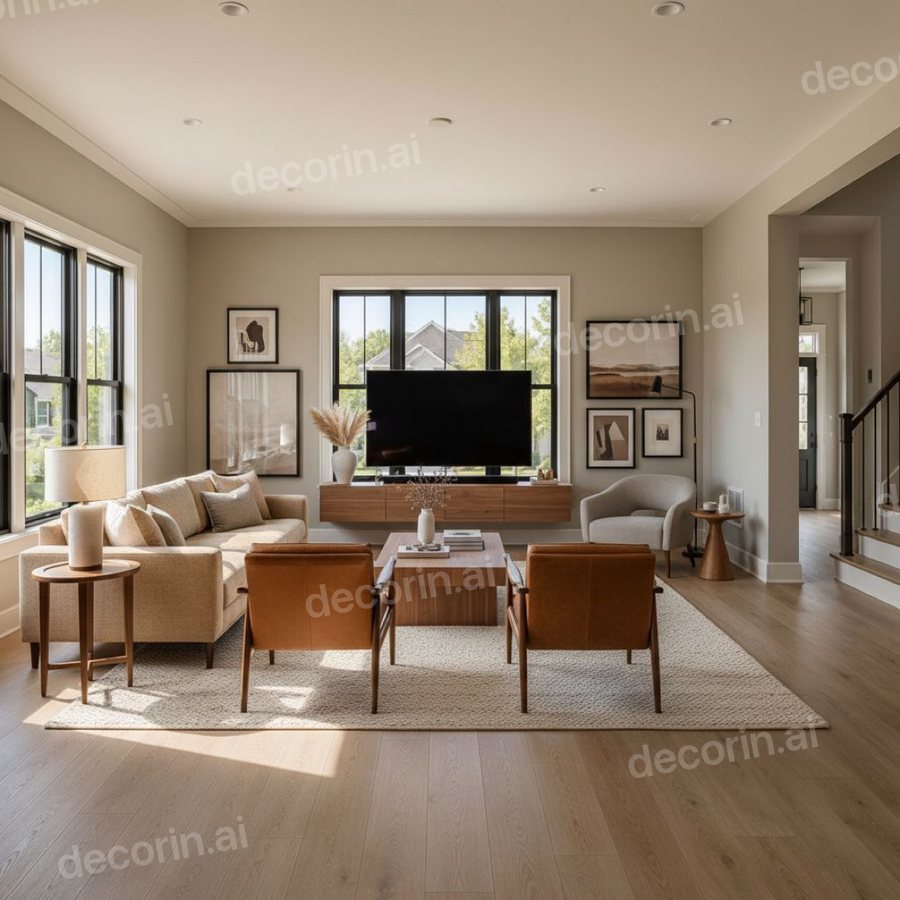 The same empty room furnished with a sofa, armchairs, coffee table, rug and wall art - windows, floor and walls in their original positions