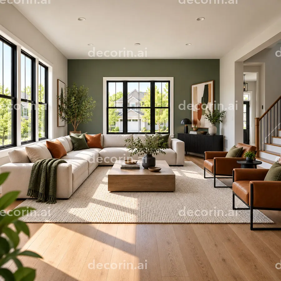 La misma habitación vacía amueblada virtualmente con un sofá rinconera crema, sillones de cuero, una mesa de centro de madera, una alfombra de yute y una pared de acento verde oscuro, con ventanas, suelo y paredes en su posición original