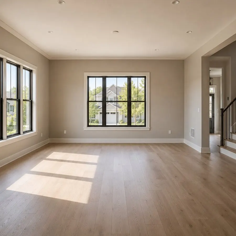 Salón vacío con paredes blancas desnudas, suelo de madera y dos ventanas