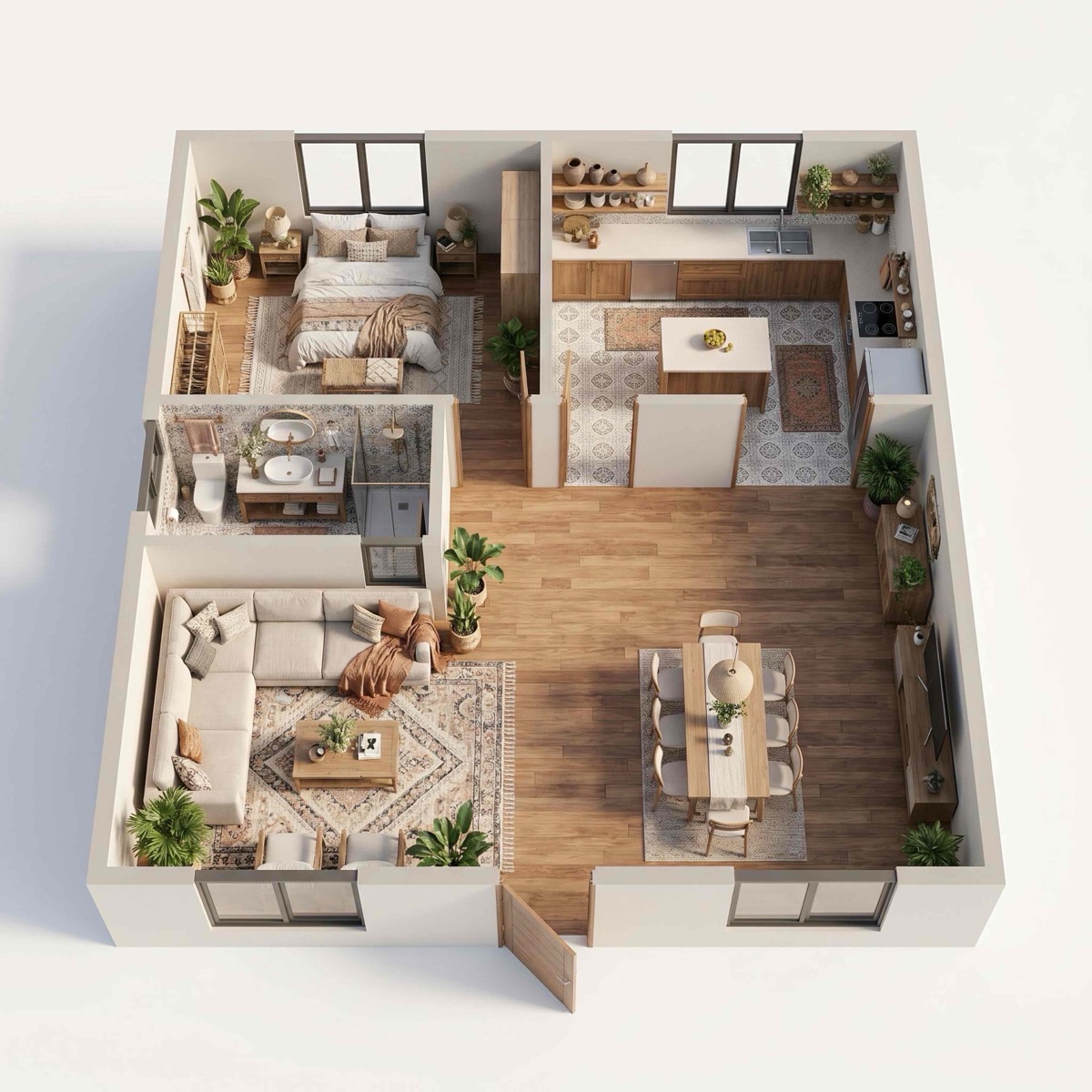 The same apartment as a furnished 3D isometric render in a warm boho style, with the same room layout, doors and windows