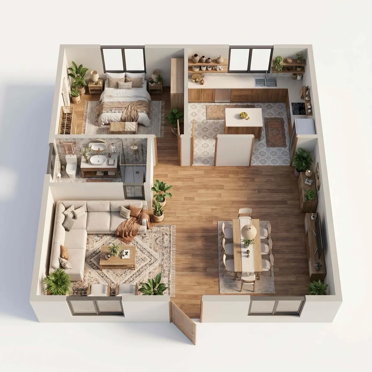 El mismo piso como render isométrico 3D amueblado en un cálido estilo boho, con la misma distribución, puertas y ventanas