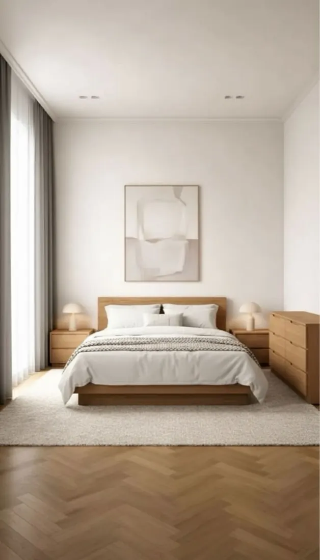 Résultat DecorIn : une chambre blanche minimaliste avec un lit en chêne et le parquet en chevrons d'origine
