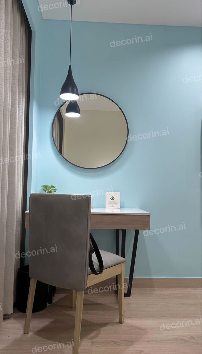 The same nook with the wall repainted soft blue - mirror, desk, chair, floor and pendant light unchanged